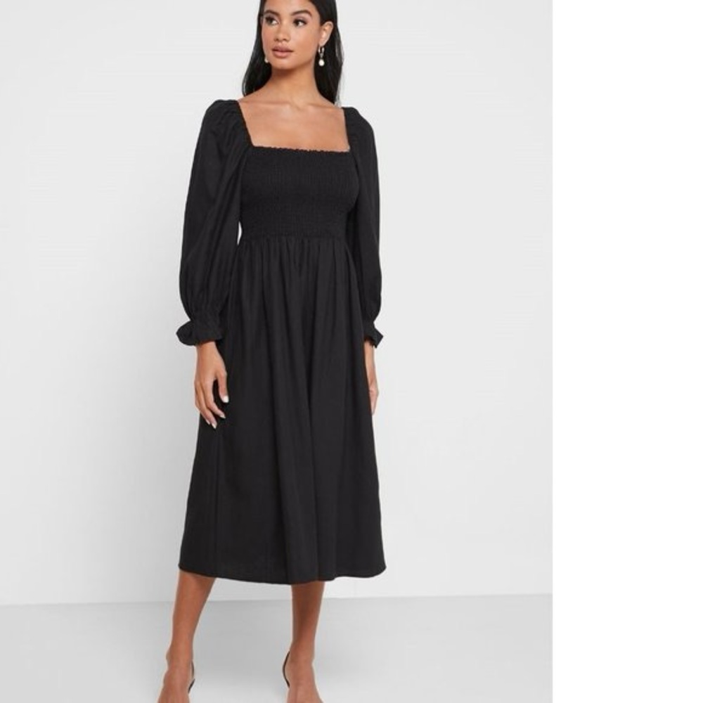 J. Crew Black Smocked Square-Neck Cotton Midi Dress with Puff Sleeves